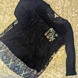 Charming Charlie loose weave navy knit Hi-Lo top,  patterned back and pocket, Sm